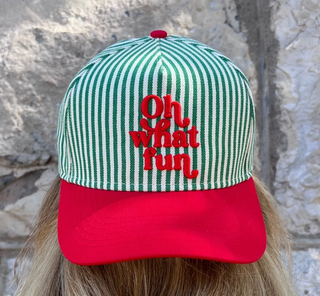 Oh What Fun vintage trucker hat with red brim and green striped front

Holiday striped trucker hat with red embroidery reading Oh What Fun

Green and white striped Christmas trucker hat with red bill

Retro Oh What Fun embroidered holiday hat for women

Festive red and green vintage trucker hat with 3D lettering