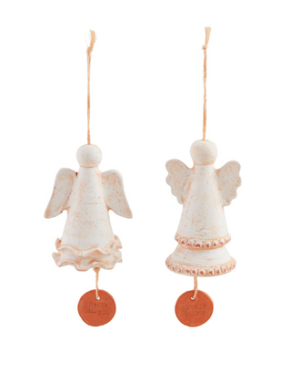 Handcrafted glazed terracotta angel wind chime with rope hanger