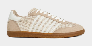 Taupe retro low-top sneakers with lace-up front and cushioned interior