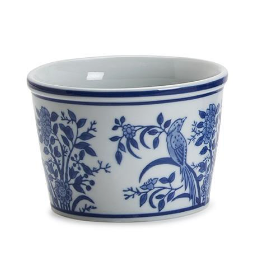 Hand-painted blue and white Chinoiserie porcelain deli holder with floral and scenic patterns.