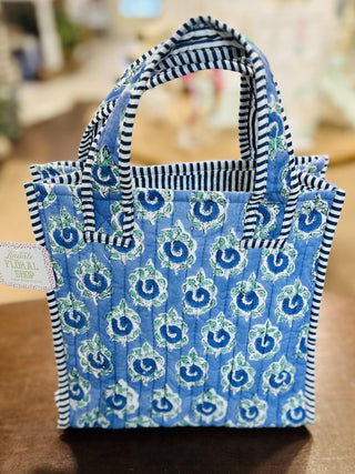 Periwinkle Garden quilted mini tote bag with blue floral print

Blue floral quilted mini tote bag with striped handles

Periwinkle Garden mini tote bag with quilted texture

Small quilted floral tote bag in blue and white

Quilted mini tote bag with periwinkle floral pattern