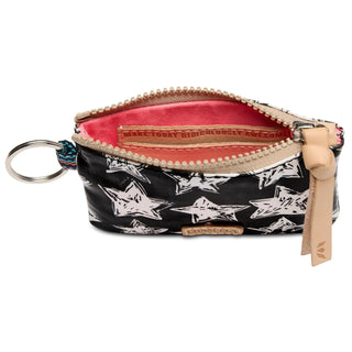 “Consuela Madi Pouch with black and white star design”

“Madi Consuela pouch with leather zipper pull and keyring”

“Consuela Madi star print mini pouch made in Mexico”

“Interior of Consuela Madi Pouch with pink lining and card slot”

“Small Consuela Madi Pouch with Diego leather logo accent”