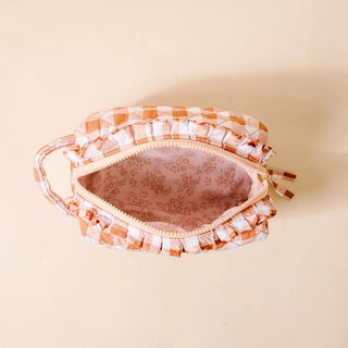 Maple Gingham Quilted Cosmetic Pouch with ruffle trim and gold zipper