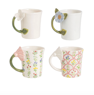 Stoneware flower handle mug with hand-painted floral detail