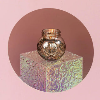 Sweet Grace Candle #008 in blush mercury glass with silver lid

Bridgewater Sweet Grace candle in blush-toned metallic vessel

Pink mercury glass candle with screw-top lid

Sweet Grace soy candle with 70-hour burn time