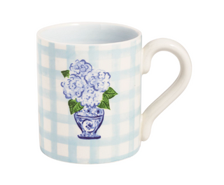 Topiary ceramic mug with blue and green botanical design