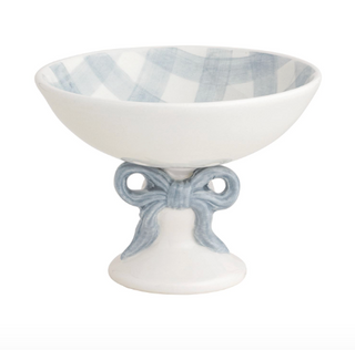 Gingham bow ceramic pedestal candy dish with blue interior