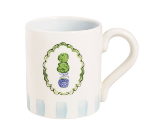 Topiary ceramic mug with blue and green botanical design