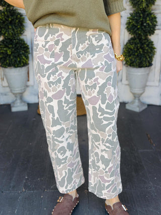 Demi Camo Pants featuring a relaxed wide-leg fit and allover camouflage print.