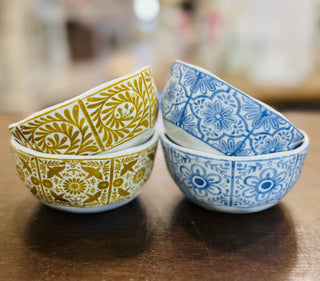 4 inch blue and yellow ceramic prep bowls with floral folk art design