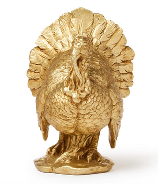 Large gold turkey décor statue with detailed feathering, perfect for Thanksgiving tables and fall displays.