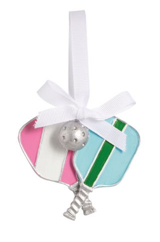 Pickleball Ornament featuring colorful enamel pickleball paddles and a pickleball with a white grosgrain ribbon hanger.