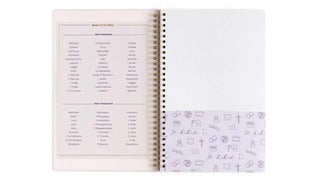 Open church notes journal with lined sermon pages and verse sections