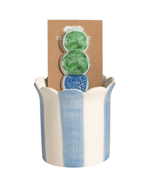 Hand-painted striped ceramic pot with scalloped edge and butterfly plant stake