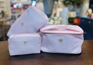 Pink stripe cosmetic bags set with zipper closure