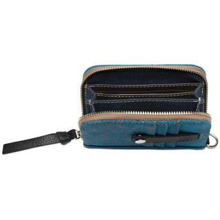 “Consuela Nilo Zippy Wallet in slate blue suede with bronze metallic flecks”

“Nilo Consuela wallet with zip-around closure and card slots”

“Slate blue Consuela wallet trimmed in black leather”

“Consuela Nilo zip wallet with interior accordion compartments”

“Blue suede Consuela wallet with metallic detail and zipper closure”