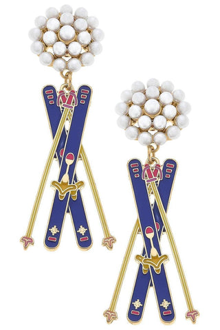 Aspen Ski Pearl Cluster Enamel Earrings "Royal Blue"