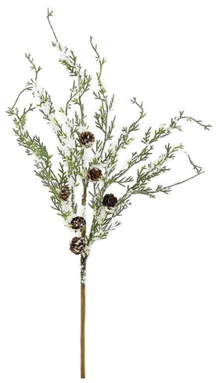 24-inch Snowy Cedar & Cone Pick featuring frosted evergreen branches and natural-looking pinecones for Christmas decorating.