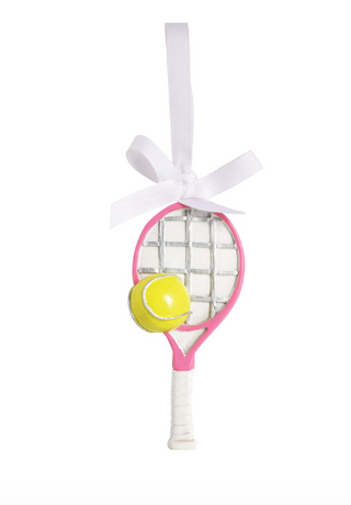 Tennis Ornament featuring a pink tennis racket and yellow tennis ball crafted from enamel-coated zinc alloy with a white grosgrain ribbon hanger.