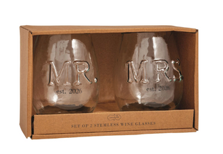 Mr and Mrs embossed stemless wine glass set in gift box