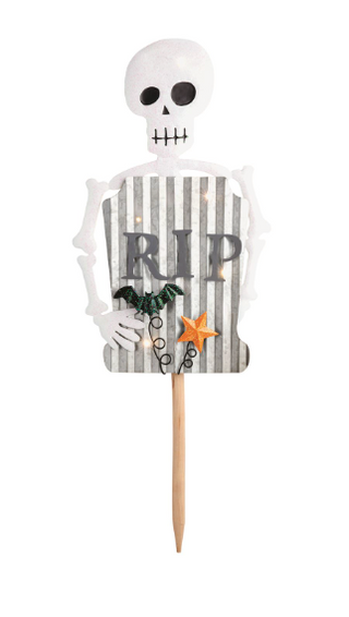 Halloween LED yard stakes featuring a skeleton tombstone, Hocus Pocus cauldron, and ghost carrying a jack-o'-lantern bucket on wooden stakes.