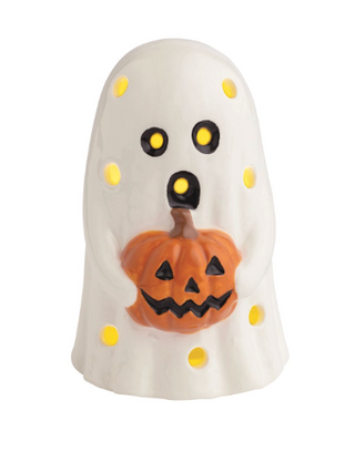 Hand-painted ceramic Ghost Light-Up Sitter holding a smiling jack-o'-lantern with built-in LED lights for Halloween home décor.