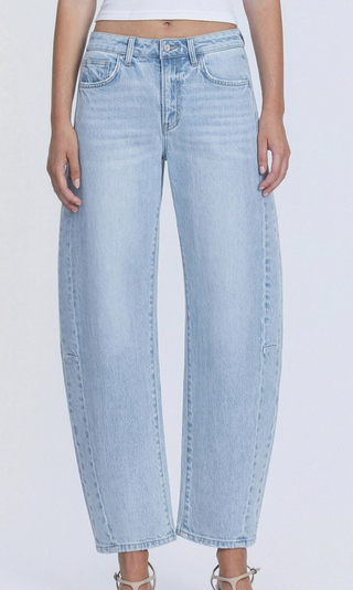 Godlike high rise light wash crop barrel jeans with seam detail

High rise cropped barrel jeans in light wash comfort stretch denim

Light wash barrel jeans featuring seam detail and finished hem

Model wearing Godlike high rise crop barrel jeans in light wash denim

Cropped light wash barrel leg jeans with high waist and seam detailing