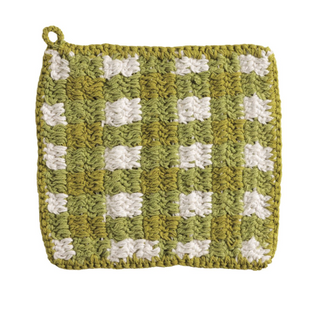 Green and white check crochet pot holder with hanging loop