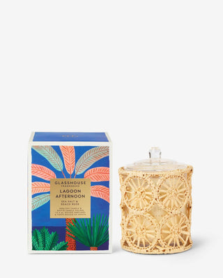 Glasshouse Lagoon Afternoon candle with raffia holder and tropical packaging