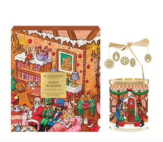 Glasshouse Fragrances Kyoto In Bloom candle set with gold spinning carousel accessory