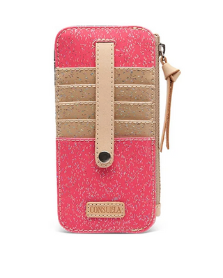 Consuela Bae Card Organizer featuring a vibrant pink finish with natural leather trim, exterior card slots, and a zippered compartment.