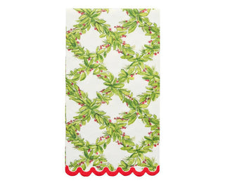 Holly Berry guest towel napkin with greenery and red scalloped edge

Rosanne Beck Christmas guest towel with holly berry trellis design

Festive holiday napkin with holly pattern and red trim

Disposable Christmas hand towel with greenery print

Elegant paper guest towel with holly berry border