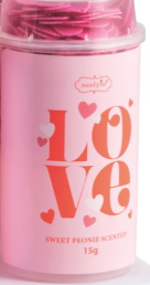 Valentine’s Bath Confetti Poppers with pink heart-shaped bath confetti in clear plastic poppers

Sweet Peony scented Valentine bath confetti poppers displayed in countertop box

Heart-shaped bath confetti poppers for Valentine’s Day gifts and self-care

Pink Valentine bath confetti poppers with Sweet Peony fragrance

Valentine’s Day bath confetti poppers in assorted pink designs