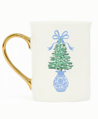 Gold Handle Mug Winter Pines with Christmas Tree in Blue Vase