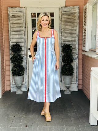 Hadlee Light Blue Dress striped sleeveless midi dress with contrast trim