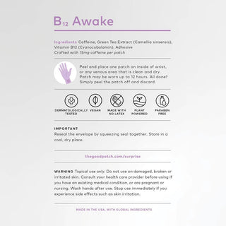 B12 Awake wearable wellness patch applied to wrist for energy boost

Plant-powered B12 Awake dermal patch with caffeine and green tea

B12 Awake wearable patch for mid-day energy and focus

Wellness patch designed to help you feel awake and energized