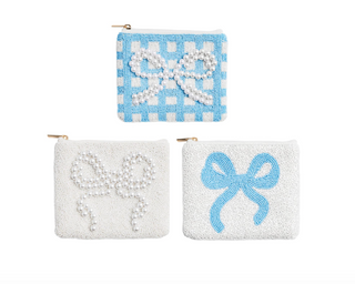 Hand beaded bow coin pouch with zipper and lined interior