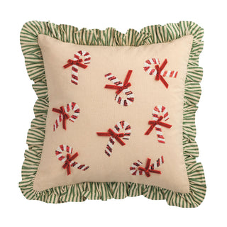 Canvas holiday pillow with sequin candy cane design

Christmas-themed pillow with red and white candy canes

Sequin candy cane pillow with ruffle edge

Decorative holiday throw pillow with zipper closure

Festive Christmas pillow featuring sequin appliqué candy canes