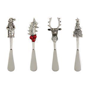 Set of four Christmas metal spreaders with festive character handles

Stainless steel holiday spreaders with Santa, holly, reindeer, and tree handles

Decorative holiday cheese spreader set with cast aluminum handles