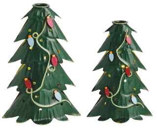 Pair of hand-painted tin Christmas tree taper holders with LED lights

Green metal Christmas tree candle holders with string light design

Festive LED-lit Christmas tree taper holders for holiday décor

