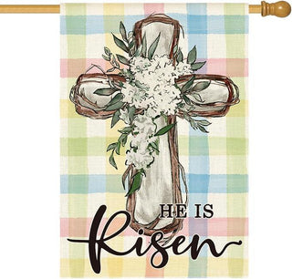 He Is Risen Easter house flag with lily cross and pastel plaid