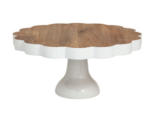 Mango wood scalloped pedestal server with hand painted white base