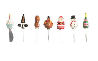 Holiday Spreaders with stainless steel blades and hand-painted ceramic handles featuring festive Christmas and holiday designs.