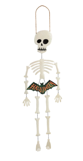 Hand-painted glitter skeleton door hanger with movable metal chain limbs, Halloween banner, and jute hanger for spooky seasonal front door décor.