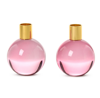 Clear glass ball tapered candle holder with gold metal accent

Pink glass ball taper candle holder modern decorative home décor

Set of glass ball candle holders with twisted white taper candles

Modern glass sphere candle holder for dining table or mantel

Decorative glass taper candle holder close-up with brass detail