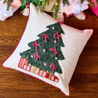 Christmas tree pillow with pink bows and wrapped gifts design

Whimsical tree square pillow with velvet bows and beaded presents

Festive holiday pillow with Christmas tree and red piping

Embroidered Christmas pillow with gifts and pink details

Decorative square holiday pillow with tree and ribbon accents