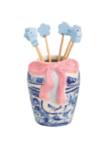 Hand-painted ceramic topiary toothpick caddy with decorative icon toothpicks