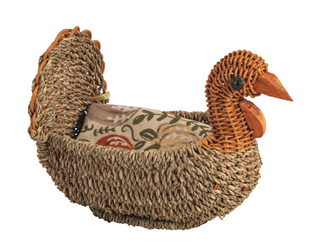 Seagrass Turkey Basket with woven turkey head and tail, paired with a fall floral flour sack hand towel for Thanksgiving entertaining and seasonal décor.