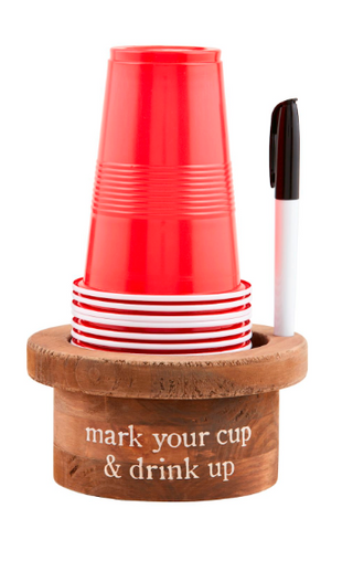 Disposable Cup & Marker Set with ten 18 oz red plastic party cups, wooden holder, and permanent marker for labeling drinks.