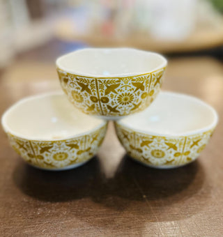 4 inch blue and yellow ceramic prep bowls with floral folk art design